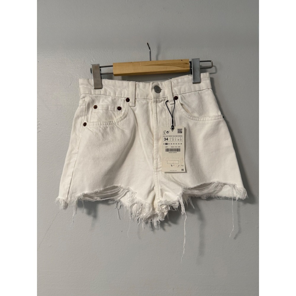Zara Womens High Rise White Denim Cut Off Shorts Frayed Hem 2‎ NWT 100% Cotton
